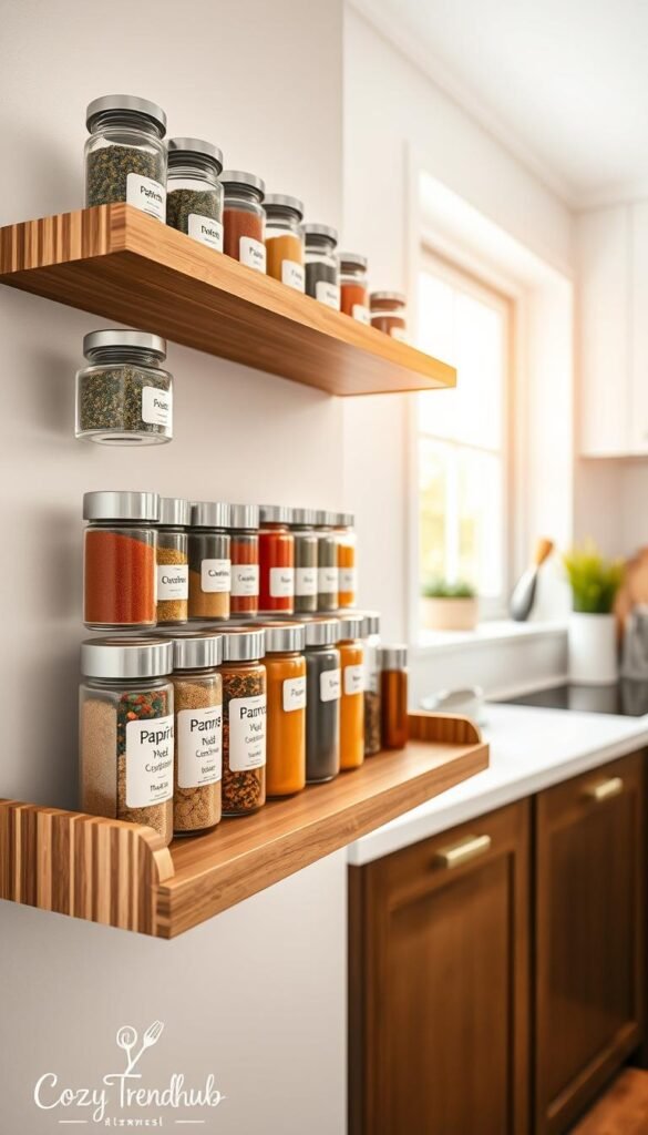 A beautifully organized spice shelf designed for small kitchens, featuring clear glass jars that showcase vibrant colored spices, neatly labeled for easy identification. The foreground highlights a wooden shelf installation with a modern and minimalist aesthetic, allowing for maximum visibility of spice labels. In the middle, a variety of spices like paprika, cumin, and thyme are arranged in a tiered layout, complemented by elegant silver scoops for serving. The background consists of a softly lit kitchen setting, with warm natural light streaming through a window, creating a cozy and inviting atmosphere. The image captures a Pinterest-style lifestyle aesthetic that embodies organization and functionality, branded with the name "CozyTrendHub". The angle focuses on the shelf, ensuring a clear view of the spices while keeping the surrounding kitchen context minimal yet stylish. A beautifully organized spice shelf designed for small kitchens, featuring clear glass jars that showcase vibrant colored spices, neatly labeled for easy identification. The foreground highlights a wooden shelf installation with a modern and minimalist aesthetic, allowing for maximum visibility of spice labels. In the middle, a variety of spices like paprika, cumin, and thyme are arranged in a tiered layout, complemented by elegant silver scoops for serving. The background consists of a softly lit kitchen setting, with warm natural light streaming through a window, creating a cozy and inviting atmosphere. The image captures a Pinterest-style lifestyle aesthetic that embodies organization and functionality, branded with the name "CozyTrendHub". The angle focuses on the shelf, ensuring a clear view of the spices while keeping the surrounding kitchen context minimal yet stylish.