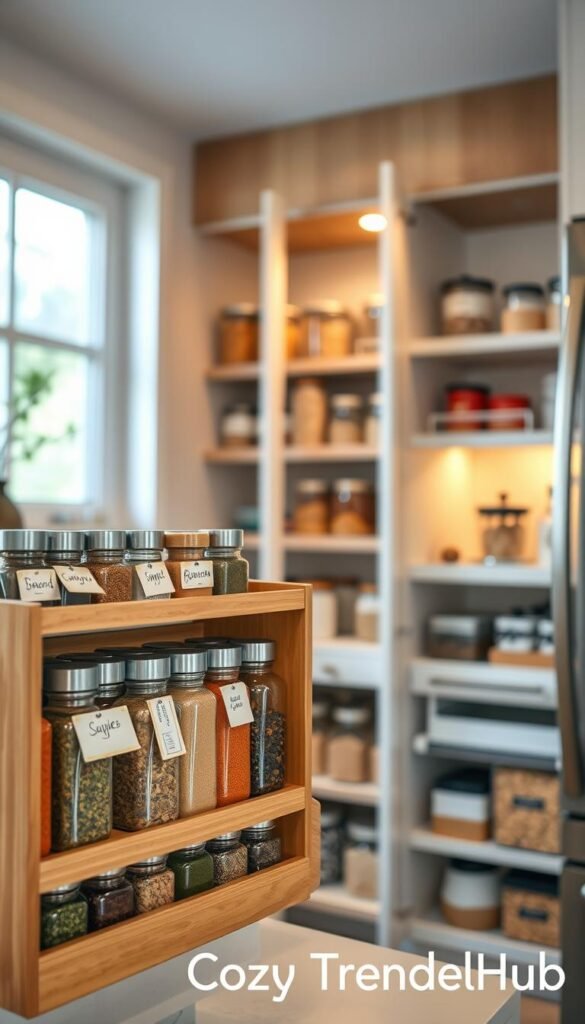 A beautifully organized spice storage setup in a cozy, modern kitchen. In the foreground, a sleek wooden spice rack displays an assortment of glass jars labeled with elegant handwritten tags, filled with vibrant spices. The middle ground features a neatly arranged pantry with pull-out shelves, showcasing various storage containers for grains and dried herbs. The background reveals soft, warm lighting illuminating the kitchen, with soft-focus hints of a small window allowing natural light to filter in. The atmosphere conveys a sense of tranquility and efficiency, ideal for a compact living space. The composition is styled with a Pinterest-inspired touch, enhancing the aesthetic appeal, branded "CozyTrendHub".