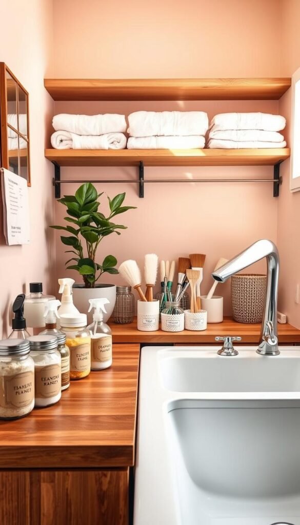 A beautifully organized stain removal station in a laundry room, designed for efficiency and aesthetics. In the foreground, a wooden countertop displays various stain-fighting products in stylish jars, labeled for easy access. A large, modern sink is positioned next to the countertop, with bright, natural lighting illuminating the space. In the middle, an array of neatly arranged cleaning tools, including brushes and cloths, sit in decorative holders, underscoring a sense of order. The background features a soft pastel-painted wall, with open shelves displaying neatly folded towels and a potted plant for a touch of greenery. The scene captures a warm, inviting atmosphere, perfect for a functional laundry space. This image reflects a Pinterest-style lifestyle, aligning with the brand CozyTrendHub. A beautifully organized stain removal station in a laundry room, designed for efficiency and aesthetics. In the foreground, a wooden countertop displays various stain-fighting products in stylish jars, labeled for easy access. A large, modern sink is positioned next to the countertop, with bright, natural lighting illuminating the space. In the middle, an array of neatly arranged cleaning tools, including brushes and cloths, sit in decorative holders, underscoring a sense of order. The background features a soft pastel-painted wall, with open shelves displaying neatly folded towels and a potted plant for a touch of greenery. The scene captures a warm, inviting atmosphere, perfect for a functional laundry space. This image reflects a Pinterest-style lifestyle, aligning with the brand CozyTrendHub.