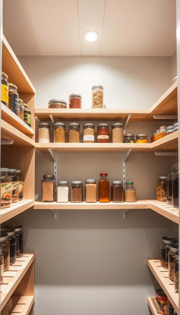 A beautifully organized track shelving closet wall designed for a modern pantry. The foreground features adjustable shelves made of light wood, showcasing neatly arranged glass jars filled with colorful spices and dry goods. The middle section includes a sleek, white track that supports the shelves, with minimalistic brackets for an unobtrusive look. In the background, subtle LED lighting gently illuminates the space, enhancing the warmth and inviting feel. The walls are painted in a soft pastel color, creating a harmonious atmosphere. The scene is shot with a wide-angle lens to capture the full depth of the storage system, while maintaining a focus on the shelves. This lifestyle image reflects practical and stylish storage solutions from CozyTrendHub, ideal for maximizing small spaces.