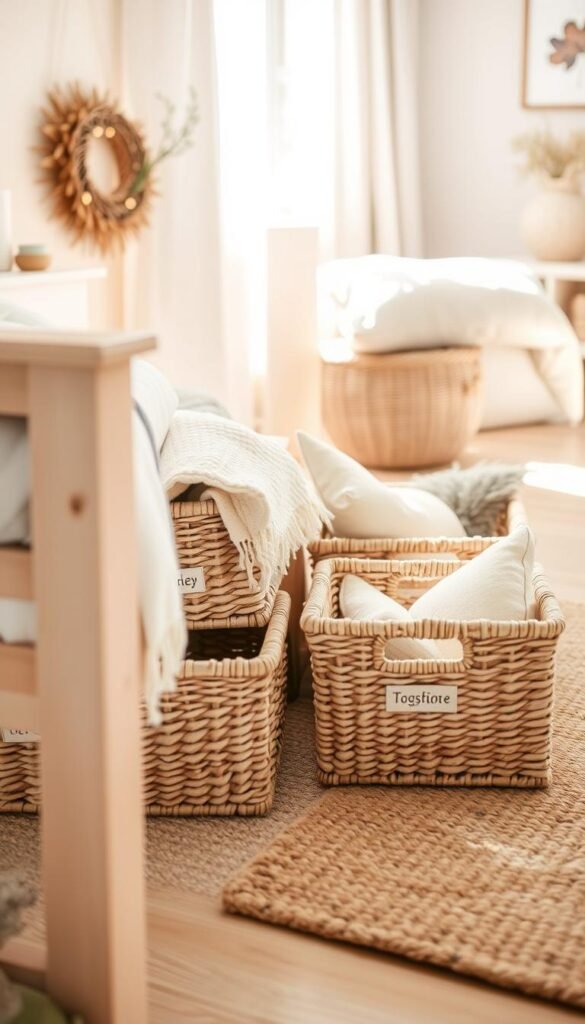 A beautifully organized under-bed storage space featuring stylish woven baskets and seasonal items. In the foreground, a light-colored wooden bed frame with an open space beneath reveals neatly stacked baskets in soft neutrals and pastels, labeled for easy identification. In the middle ground, a foldable cozy blanket peeks out from one basket, while decorative pillows are tucked neatly away in another. The background showcases a softly lit room with pastel-colored walls and a cozy rug, enhancing the warm atmosphere. Morning sunlight streams through a nearby window, casting gentle shadows that evoke a serene and inviting mood. Perfect for a Pinterest-style lifestyle photo, embodying the essence of seasonal organization by "CozyTrendHub." A beautifully organized under-bed storage space featuring stylish woven baskets and seasonal items. In the foreground, a light-colored wooden bed frame with an open space beneath reveals neatly stacked baskets in soft neutrals and pastels, labeled for easy identification. In the middle ground, a foldable cozy blanket peeks out from one basket, while decorative pillows are tucked neatly away in another. The background showcases a softly lit room with pastel-colored walls and a cozy rug, enhancing the warm atmosphere. Morning sunlight streams through a nearby window, casting gentle shadows that evoke a serene and inviting mood. Perfect for a Pinterest-style lifestyle photo, embodying the essence of seasonal organization by "CozyTrendHub."
