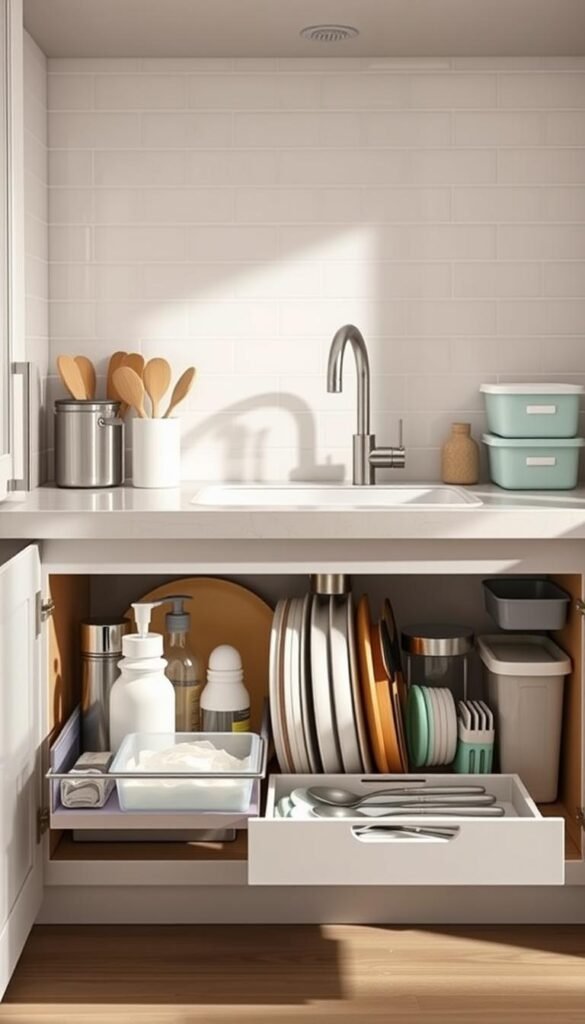 A beautifully organized under-sink area showcasing efficient storage solutions for kitchens and bathrooms. In the foreground, a stylish pull-out organizer reveals neatly arranged cleaning supplies, cutting boards, and kitchen tools, all easy to see and reach. The middle ground features a sleek, modern sink with a matching faucet, surrounded by coordinated containers and bins in soft, serene colors. The background displays a tiled wall, enhancing the clean and organized feel. Soft, natural light filters in, creating a warm, inviting atmosphere. The overall mood conveys tranquility and harmony in home organization, reflecting the brand "CozyTrendHub" with elegance and practicality. The composition should make viewers envision how they can solve their under-sink clutter problems. A beautifully organized under-sink area showcasing efficient storage solutions for kitchens and bathrooms. In the foreground, a stylish pull-out organizer reveals neatly arranged cleaning supplies, cutting boards, and kitchen tools, all easy to see and reach. The middle ground features a sleek, modern sink with a matching faucet, surrounded by coordinated containers and bins in soft, serene colors. The background displays a tiled wall, enhancing the clean and organized feel. Soft, natural light filters in, creating a warm, inviting atmosphere. The overall mood conveys tranquility and harmony in home organization, reflecting the brand "CozyTrendHub" with elegance and practicality. The composition should make viewers envision how they can solve their under-sink clutter problems.