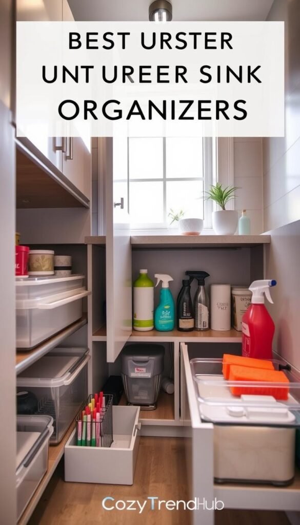 A beautifully organized under-sink area showcasing the best under-sink organizers, featuring a variety of storage solutions like pull-out drawers, tiered shelves, and clear bins. In the foreground, focus on sleek, modern organizers arranged neatly, filled with cleaning supplies and kitchen essentials. The middle layer includes a stylish cabinet door slightly ajar, revealing a pop of color with vibrant sponges and cleaning bottles. In the background, a chic bathroom or kitchen ambiance with soft, natural lighting spilling in from a nearby window, creating a warm and inviting atmosphere. Use a wide-angle lens to capture the entire scene, creating depth and detail. Inspired by Pinterest-style home decor, the image reflects organization and efficiency, branded with "CozyTrendHub." A beautifully organized under-sink area showcasing the best under-sink organizers, featuring a variety of storage solutions like pull-out drawers, tiered shelves, and clear bins. In the foreground, focus on sleek, modern organizers arranged neatly, filled with cleaning supplies and kitchen essentials. The middle layer includes a stylish cabinet door slightly ajar, revealing a pop of color with vibrant sponges and cleaning bottles. In the background, a chic bathroom or kitchen ambiance with soft, natural lighting spilling in from a nearby window, creating a warm and inviting atmosphere. Use a wide-angle lens to capture the entire scene, creating depth and detail. Inspired by Pinterest-style home decor, the image reflects organization and efficiency, branded with "CozyTrendHub."