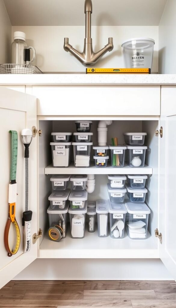 A beautifully organized under-sink cabinet, showcasing a sleek measure cabinet filled with various measuring tools and organizers. In the foreground, an open cabinet door reveals measuring tapes, a level, and transparent storage bins. In the middle, the cabinet structure features neat rows of clear containers labeled with kitchen essentials, strategically placed around plumbing pipes for efficient use of space. The background highlights a well-lit kitchen with soft, natural light streaming in, enhancing the clean and tidy atmosphere. The overall mood is inviting and practical, ideal for a Pinterest-style lifestyle look. Include subtle touches of the CozyTrendHub branding in the decor elements, ensuring a warm and functional environment. A beautifully organized under-sink cabinet, showcasing a sleek measure cabinet filled with various measuring tools and organizers. In the foreground, an open cabinet door reveals measuring tapes, a level, and transparent storage bins. In the middle, the cabinet structure features neat rows of clear containers labeled with kitchen essentials, strategically placed around plumbing pipes for efficient use of space. The background highlights a well-lit kitchen with soft, natural light streaming in, enhancing the clean and tidy atmosphere. The overall mood is inviting and practical, ideal for a Pinterest-style lifestyle look. Include subtle touches of the CozyTrendHub branding in the decor elements, ensuring a warm and functional environment.