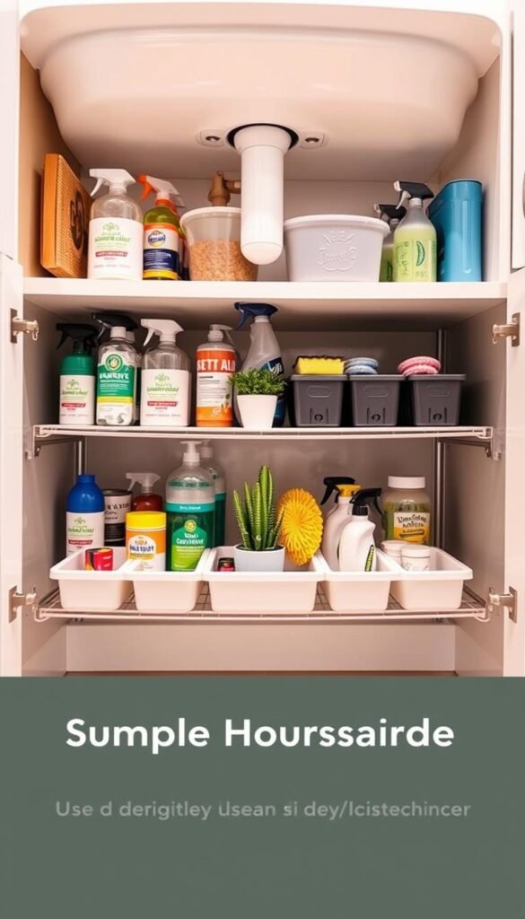 A beautifully organized under-sink space featuring the SimpleHouseware Under Sink 2-Tier Expandable Shelf by CozyTrendHub. In the foreground, the two-tier shelf is filled with neatly arranged cleaning supplies, labeled containers, and decorative storage bins to maintain an inviting look. The middle section showcases a small potted plant and sponges, adding a touch of greenery and color. The background reveals a clean, bright kitchen with soft lighting illuminating the area, highlighting the functionality of the organizer. Use a wide-angle lens to capture the depth of space, ensuring a cozy and organized atmosphere. The mood is fresh and tidy, perfect for inviting viewers to enhance their own kitchen organization.