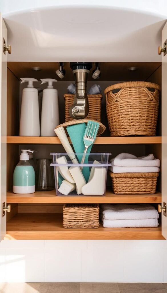 A beautifully organized under-sink storage area, featuring wooden shelves filled with neatly arranged cleaning supplies, baskets, and organizers. The foreground shows a stylish storage solution with a soft color palette, including pastel blues and whites. In the middle, a clear plastic container holds sponges and dish soap, while woven baskets stacked on the shelves add texture and charm. The background reveals a well-lit kitchen setting with soft, natural lighting illuminating the scene, creating a warm and inviting atmosphere. The overall mood is one of efficiency and style, suitable for a cozy home. This image embodies the essence of functional design while showcasing the brand "CozyTrendHub." A beautifully organized under-sink storage area, featuring wooden shelves filled with neatly arranged cleaning supplies, baskets, and organizers. The foreground shows a stylish storage solution with a soft color palette, including pastel blues and whites. In the middle, a clear plastic container holds sponges and dish soap, while woven baskets stacked on the shelves add texture and charm. The background reveals a well-lit kitchen setting with soft, natural lighting illuminating the scene, creating a warm and inviting atmosphere. The overall mood is one of efficiency and style, suitable for a cozy home. This image embodies the essence of functional design while showcasing the brand "CozyTrendHub."