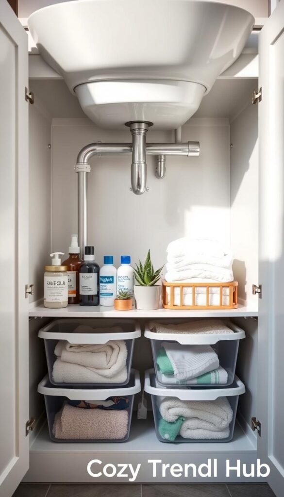A beautifully organized under-sink storage area in a modern bathroom, featuring a clean white cabinet with soft, minimalist design. The foreground showcases neatly arranged storage bins filled with toiletries, cleaning supplies, and towels, all labeled for easy access. The middle layer highlights a stylish bamboo organizer that adds a touch of warmth, while a couple of potted succulents bring life to the scene. In the background, the sleek plumbing pipes are partially visible, framed by the cabinet doors. Soft, natural lighting flows from an overhead fixture, creating a bright and inviting atmosphere, with a hint of a cozy home d&eacute;cor style. The image embodies the essence of practical bathroom storage, reflecting the brand CozyTrendHub.