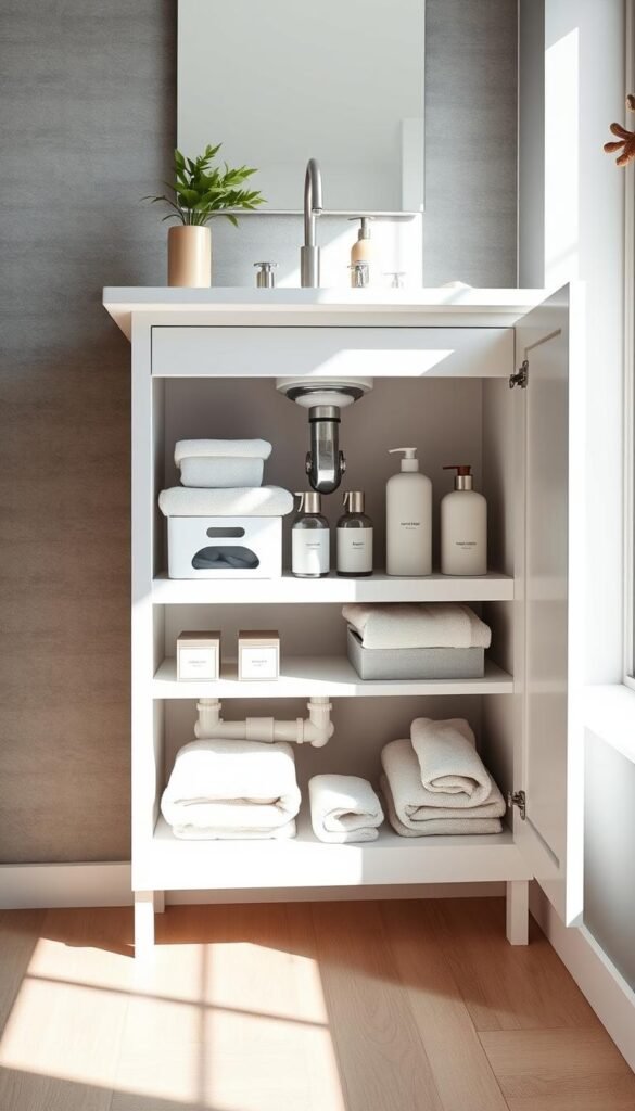 A beautifully organized under-sink storage area in a modern bathroom, featuring an elegant white cabinet with neatly arranged shelves. The cabinet is designed to work around plumbing, showcasing strategic cutouts and a clean, minimalist aesthetic. On the shelves, display stylish storage bins, eco-friendly cleaning supplies, and plush towels, all in soft pastel colors to create a calming atmosphere. The scene is illuminated by soft, natural sunlight filtering through a nearby window, casting gentle shadows on the gray textured wall. The flooring is a light wood, complementing the overall serene vibe. This image reflects the efficient use of space, embodying a Pinterest-worthy lifestyle aesthetic. Capture this with a shallow depth of field to emphasize the organized storage while maintaining a warm and inviting mood for CozyTrendHub.