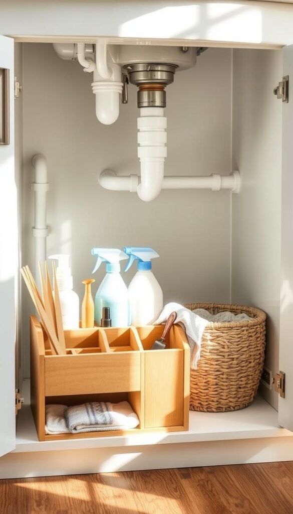 A beautifully organized under-sink storage area showcasing practical solutions that accommodate plumbing. In the foreground, a sleek wooden organizer with multiple compartments holds cleaning supplies and tools, while a stylish woven basket sits beside it, enhancing the aesthetic. The middle layer features a neatly arranged collection of spray bottles and cloths, emphasizing an efficient use of space. In the background, pipes and plumbing are visible but unobtrusive, demonstrating a renter-friendly design. Natural light filters through a nearby window, casting warm shadows and creating a cozy atmosphere. Soft, neutral colors dominate the scheme, with accents of earthy tones. The overall scene embodies practical elegance, perfect for a Pinterest-style lifestyle photo. Designed for "CozyTrendHub".