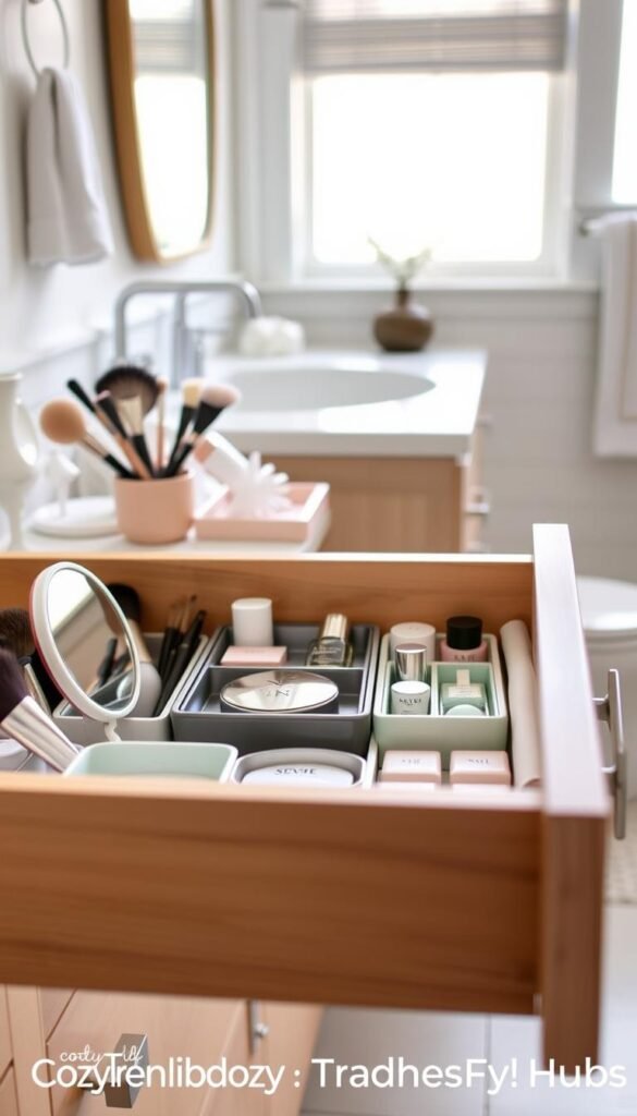 A beautifully organized vanity drawer showcasing a variety of bathroom essentials in a stylish, modern setting. The foreground features neatly arranged makeup brushes, a compact mirror, skincare products, and decorative organizers in soft pastel colors. The middle showcases the snug fit of these organizers within an elegantly designed wooden drawer with a light wood finish, accentuating its functionality. In the background, natural light streams through a nearby window, creating a warm, inviting atmosphere. The scene is captured from a slightly elevated angle, emphasizing the neat organization while maintaining a cozy, Pinterest-inspired aesthetic. This lifestyle image reflects a perfect blend of practicality and style, promoting a clutter-free bathroom experience. Styled by CozyTrendHub.