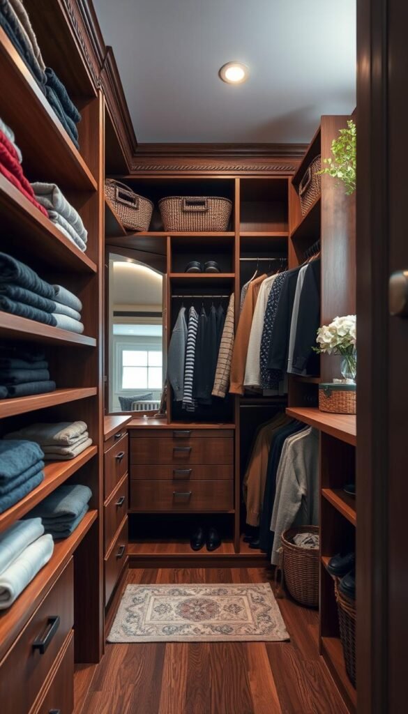 A beautifully organized walk-in closet featuring the ClosetMaid Impressions Wood Closet System, showcasing rich wood tones and elegant shelving. In the foreground, neatly stacked sweaters and shoes displayed on open shelves. The middle ground highlights a spacious hanging area for clothes with a well-lit vanity mirror. In the background, soft lighting illuminates the closet, creating a warm and inviting atmosphere. The layout emphasizes functionality, with color-coded sections for easy access. Use a wide-angle lens perspective to capture the depth of the space, and include gentle, natural lighting filtering through a small window nearby. The overall mood should be cozy and stylish, reflecting a high-end lifestyle. Include design elements that resonate with the CozyTrendHub aesthetic, such as decorative baskets and plants for a fresh feel. A beautifully organized walk-in closet featuring the ClosetMaid Impressions Wood Closet System, showcasing rich wood tones and elegant shelving. In the foreground, neatly stacked sweaters and shoes displayed on open shelves. The middle ground highlights a spacious hanging area for clothes with a well-lit vanity mirror. In the background, soft lighting illuminates the closet, creating a warm and inviting atmosphere. The layout emphasizes functionality, with color-coded sections for easy access. Use a wide-angle lens perspective to capture the depth of the space, and include gentle, natural lighting filtering through a small window nearby. The overall mood should be cozy and stylish, reflecting a high-end lifestyle. Include design elements that resonate with the CozyTrendHub aesthetic, such as decorative baskets and plants for a fresh feel.