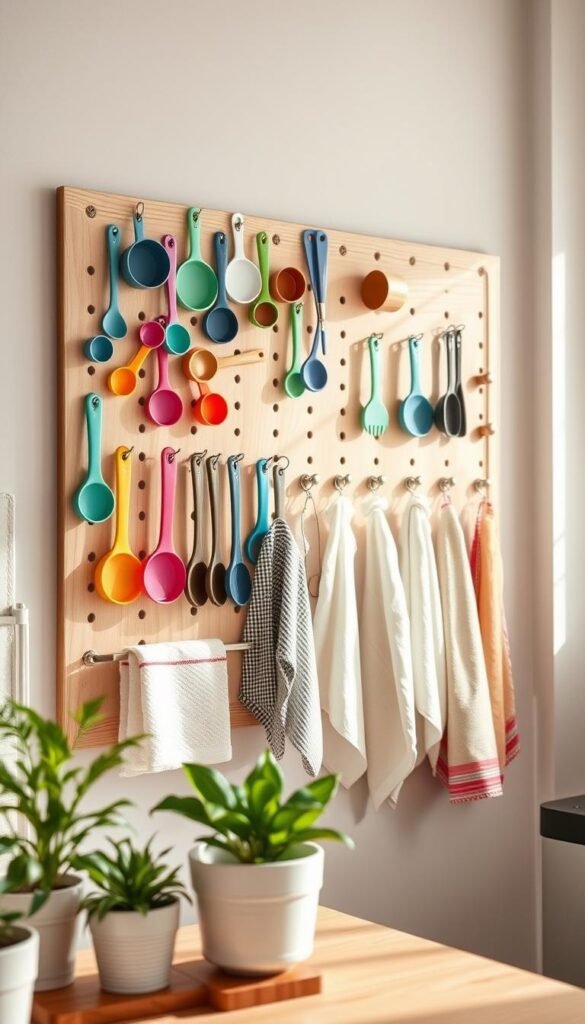 A beautifully organized wall pegboard displaying an array of colorful kitchen tools such as measuring cups, spatulas, and rolling pins, alongside neatly hung kitchen towels. The pegboard is made of light wood with natural grain, set against a soft, muted pastel wall. In the foreground, a few kitchen plants in stylish pots add a touch of greenery. The middle section features a well-arranged assortment of tools, with some items color-coordinated for visual harmony. In the background, soft morning light filters through a window, casting gentle shadows and creating a warm, inviting atmosphere. The scene embodies a cozy and organized kitchen space, perfect for small pantry storage solutions. Photographed with a 50mm lens to create a natural depth of field, capturing the essence of CozyTrendHub's decor style.