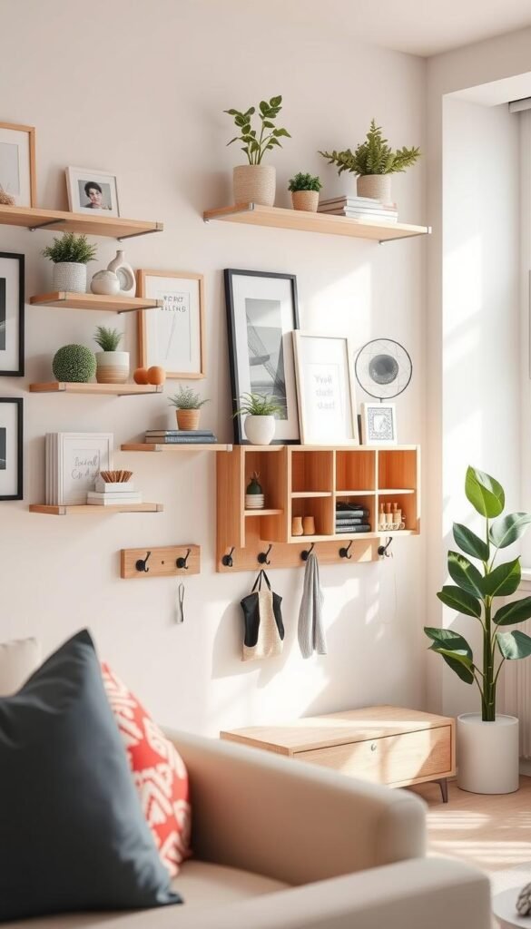 A beautifully organized wall storage system, showcasing a modern and stylish approach to vertical decor in a small living space. The foreground features an assortment of neatly arranged shelves adorned with decorative plants, books, and minimalist art pieces. The middle ground highlights a wall-mounted storage unit in a light wood finish, with integrated cubbies and hooks for everyday items, emphasizing practicality and style. The background displays a soft, neutral-toned wall that enhances the bright, airy atmosphere, complemented by natural light streaming through a nearby window. The scene captures a cozy, inviting mood perfect for maximizing space without clutter. This Pinterest-style lifestyle photo embodies the essence of smart organization and small-space living, reflecting the brand "CozyTrendHub." A beautifully organized wall storage system, showcasing a modern and stylish approach to vertical decor in a small living space. The foreground features an assortment of neatly arranged shelves adorned with decorative plants, books, and minimalist art pieces. The middle ground highlights a wall-mounted storage unit in a light wood finish, with integrated cubbies and hooks for everyday items, emphasizing practicality and style. The background displays a soft, neutral-toned wall that enhances the bright, airy atmosphere, complemented by natural light streaming through a nearby window. The scene captures a cozy, inviting mood perfect for maximizing space without clutter. This Pinterest-style lifestyle photo embodies the essence of smart organization and small-space living, reflecting the brand "CozyTrendHub."