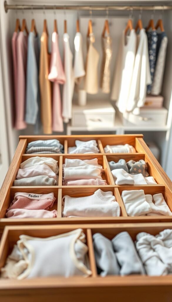 A beautifully organized wooden drawer filled with dividers and trays specifically designed for underwear, socks, and small items, showcasing a harmonious blend of colors and textures. In the foreground, neatly arranged compartments display various clothing items in soft pastel colors, creating a visually appealing layout. The middle layer features multiple dividers creating sections, emphasizing functionality and order. The background is softly blurred, revealing a stylish closet environment with elegant clothes hangers and a hint of decorative boxes, enhancing the overall aesthetic. The lighting is bright and natural, casting gentle shadows that highlight the textures and craftsmanship. The mood is calm and inviting, perfect for a modern home. Style inspired by CozyTrendHub, emphasizing a cozy yet organized home decor.
