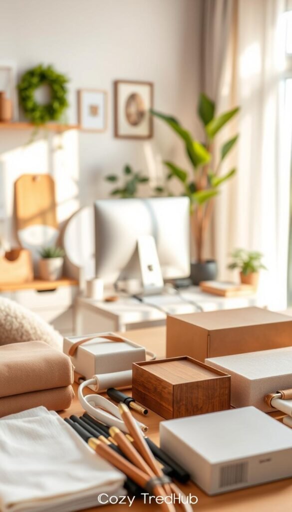 A beautifully organized workspace featuring a variety of cord covers, clips, sleeves, and boxes that blend seamlessly into the decor. In the foreground, elegantly arranged product samples in neutral and earthy tones showcase their textures and finishes. The middle ground displays a stylish desk with a sleek computer setup, where cables are neatly concealed using the featured products. In the background, a softly lit room adorned with minimalist decor and greenery creates a calm and inviting atmosphere. The lighting is warm and natural, simulating afternoon sunlight that enhances the cozy ambiance. The image embodies a Pinterest-style aesthetic, perfect for home decor enthusiasts, branded with "CozyTrendHub". A beautifully organized workspace featuring a variety of cord covers, clips, sleeves, and boxes that blend seamlessly into the decor. In the foreground, elegantly arranged product samples in neutral and earthy tones showcase their textures and finishes. The middle ground displays a stylish desk with a sleek computer setup, where cables are neatly concealed using the featured products. In the background, a softly lit room adorned with minimalist decor and greenery creates a calm and inviting atmosphere. The lighting is warm and natural, simulating afternoon sunlight that enhances the cozy ambiance. The image embodies a Pinterest-style aesthetic, perfect for home decor enthusiasts, branded with "CozyTrendHub".