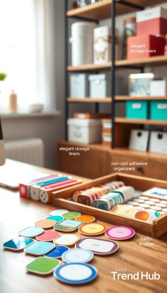 A beautifully organized workspace featuring an array of colorful labels and liners neatly arranged. In the foreground, there's a stylish wooden desk with a soft, natural light illuminating the scene, highlighting a selection of vibrant, customizable labels in various shapes and sizes. In the middle ground, an organized drawer displays elegant storage liners and "stays-put" helpers, such as non-slip mats and adhesive organizers. The background features soft, blurred shelves adorned with pristine containers and decorative boxes, creating a warm and inviting atmosphere. The lighting is bright and airy, reminiscent of a cozy home environment, evoking a sense of peaceful organization. The overall aesthetic is chic and functional, resonating with Pinterest-style inspiration, branded with "CozyTrendHub."
