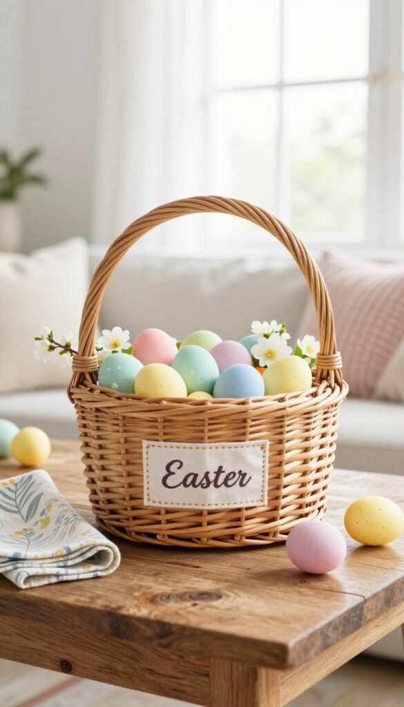 A beautifully personalized wicker basket sits as the centerpiece on a rustic wooden table, adorned with pastel-colored Easter eggs and delicate spring flowers. The basket features a subtle, hand-stitched name tag for a warm, inviting touch. In the background, softly blurred, there's a bright, sunlit window casting gentle light, enhancing the cozy atmosphere. The surrounding decor includes tasteful, seasonal touches like patterned napkins and plush cushions in light hues, creating a harmonious, stylish look. The scene is photographed at eye level, with a wide lens to capture the inviting details and textures. Overall, the image reflects a cheerful, welcoming vibe aligned with the stylish affordability theme of CozyTrendHub. A beautifully personalized wicker basket sits as the centerpiece on a rustic wooden table, adorned with pastel-colored Easter eggs and delicate spring flowers. The basket features a subtle, hand-stitched name tag for a warm, inviting touch. In the background, softly blurred, there's a bright, sunlit window casting gentle light, enhancing the cozy atmosphere. The surrounding decor includes tasteful, seasonal touches like patterned napkins and plush cushions in light hues, creating a harmonious, stylish look. The scene is photographed at eye level, with a wide lens to capture the inviting details and textures. Overall, the image reflects a cheerful, welcoming vibe aligned with the stylish affordability theme of CozyTrendHub.