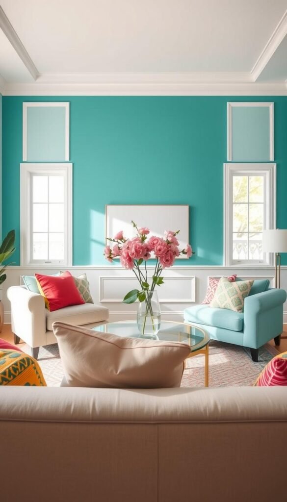 A beautifully refreshed living room showcasing a vibrant paint wall color transformation. In the foreground, a stylish, modern sofa adorned with colorful throw pillows invites relaxation. The middle layer features freshly painted walls in a lively teal hue, complemented by crisp white trim, enhancing the room's brightness. A chic coffee table with a decorative vase of blooming flowers sits centrally, adding a natural touch. In the background, soft, diffused natural light streams through large windows, creating a warm, inviting atmosphere. The angle captures the essence of a cozy, Pinterest-style home décor setup. The overall mood is uplifting and cheerful, designed to inspire home improvement enthusiasts. This lifestyle image resonates with the CozyTrendHub aesthetic, highlighting simple yet impactful decor upgrades. A beautifully refreshed living room showcasing a vibrant paint wall color transformation. In the foreground, a stylish, modern sofa adorned with colorful throw pillows invites relaxation. The middle layer features freshly painted walls in a lively teal hue, complemented by crisp white trim, enhancing the room's brightness. A chic coffee table with a decorative vase of blooming flowers sits centrally, adding a natural touch. In the background, soft, diffused natural light streams through large windows, creating a warm, inviting atmosphere. The angle captures the essence of a cozy, Pinterest-style home décor setup. The overall mood is uplifting and cheerful, designed to inspire home improvement enthusiasts. This lifestyle image resonates with the CozyTrendHub aesthetic, highlighting simple yet impactful decor upgrades.