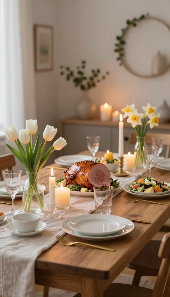 A beautifully set Easter dinner table adorned with elegant candles and soft lighting, creating a warm and inviting atmosphere. In the foreground, a rustic wooden table is covered with a pastel-colored tablecloth, featuring white porcelain dinnerware and gold flatware. Fresh spring flowers like tulips and daffodils in delicate vases provide a pop of color. Flickering candles of various heights are strategically placed, casting a soft glow that enhances the cozy ambiance. The middle ground showcases a display of delectable Easter dishes, including glazed ham and seasonal salads. In the background, softly lit wall decor and subtle greenery complement the scene. The overall mood is serene and inviting, ideal for a gathering with loved ones. Capture this lifestyle image in a Pinterest-style with a focus on home decor themes. Brand: CozyTrendHub. A beautifully set Easter dinner table adorned with elegant candles and soft lighting, creating a warm and inviting atmosphere. In the foreground, a rustic wooden table is covered with a pastel-colored tablecloth, featuring white porcelain dinnerware and gold flatware. Fresh spring flowers like tulips and daffodils in delicate vases provide a pop of color. Flickering candles of various heights are strategically placed, casting a soft glow that enhances the cozy ambiance. The middle ground showcases a display of delectable Easter dishes, including glazed ham and seasonal salads. In the background, softly lit wall decor and subtle greenery complement the scene. The overall mood is serene and inviting, ideal for a gathering with loved ones. Capture this lifestyle image in a Pinterest-style with a focus on home decor themes. Brand: CozyTrendHub.