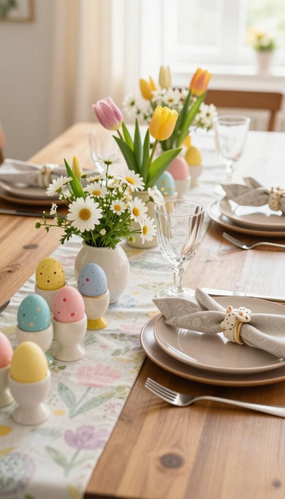 A beautifully set Easter table, styled for spring. In the foreground, an elegant pastel table runner adorned with delicate floral centerpieces featuring tulips and daisies. Decorative ceramic egg holders filled with colorful painted eggs are elegantly arranged beside the plates. The middle of the composition shows polished wooden plates and sparkling glassware, with a soft focus on finely detailed napkin rings shaped like bunnies. In the background, gentle spring light filters in through sheer curtains, casting a warm glow. The overall mood is cheerful and inviting, perfect for both everyday settings and special occasions. Captured from a slightly elevated angle to encompass the entire table aesthetic. Styled in a Pinterest-inspired manner, branded as "CozyTrendHub".
