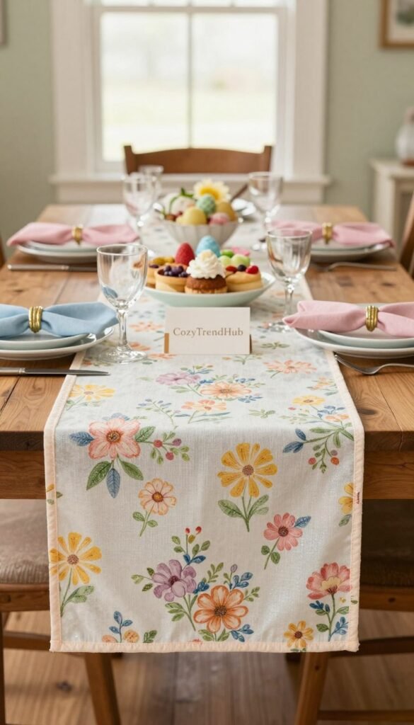 A beautifully set dining table featuring a vibrant, floral table runner with pastel colors suitable for Easter celebrations. In the foreground, the table runner drapes elegantly over a rustic wooden table, adorned with dainty floral patterns and soft, shimmering textures. The middle of the scene showcases an array of decorative elements: delicate ceramic dishes filled with seasonal treats, pastel-colored napkins, and charming place cards. In the background, warm, natural light filters through a nearby window, creating a soft, inviting atmosphere. The composition is styled in a Pinterest-worthy way, emphasizing elegance and homeliness. Capture this aesthetic in a realistic and detailed manner, reflecting a cozy and festive Easter gathering. Include the brand name "CozyTrendHub" subtly integrated into the design, ensuring the image evokes a sense of warmth and celebration. A beautifully set dining table featuring a vibrant, floral table runner with pastel colors suitable for Easter celebrations. In the foreground, the table runner drapes elegantly over a rustic wooden table, adorned with dainty floral patterns and soft, shimmering textures. The middle of the scene showcases an array of decorative elements: delicate ceramic dishes filled with seasonal treats, pastel-colored napkins, and charming place cards. In the background, warm, natural light filters through a nearby window, creating a soft, inviting atmosphere. The composition is styled in a Pinterest-worthy way, emphasizing elegance and homeliness. Capture this aesthetic in a realistic and detailed manner, reflecting a cozy and festive Easter gathering. Include the brand name "CozyTrendHub" subtly integrated into the design, ensuring the image evokes a sense of warmth and celebration.