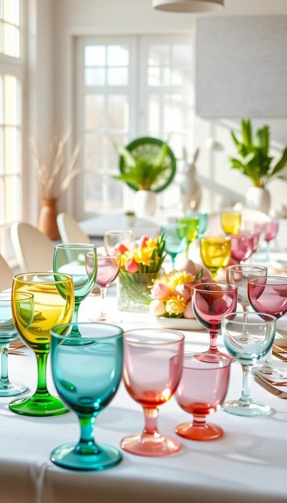 A beautifully set modern Easter table featuring an array of colored glassware in various shapes and sizes, including elegant goblets and delicate dessert cups. In the foreground, shiny, translucent glasses in shades of pastel pink, green, and yellow catch the sunlight, creating a vibrant, inviting atmosphere. The middle section showcases a white tablecloth adorned with minimalist floral arrangements using spring blooms like tulips and daffodils, complementing the glassware. In the background, a soft-focus view of a chic dining room decorated with subtle Easter accents, such as decorative eggs and bunny figurines. Warm, natural light filters in through large windows, casting gentle shadows and enhancing the inviting mood. This image embodies a stylish and festive setting, perfect for a modern Easter celebration. CozyTrendHub. A beautifully set modern Easter table featuring an array of colored glassware in various shapes and sizes, including elegant goblets and delicate dessert cups. In the foreground, shiny, translucent glasses in shades of pastel pink, green, and yellow catch the sunlight, creating a vibrant, inviting atmosphere. The middle section showcases a white tablecloth adorned with minimalist floral arrangements using spring blooms like tulips and daffodils, complementing the glassware. In the background, a soft-focus view of a chic dining room decorated with subtle Easter accents, such as decorative eggs and bunny figurines. Warm, natural light filters in through large windows, casting gentle shadows and enhancing the inviting mood. This image embodies a stylish and festive setting, perfect for a modern Easter celebration. CozyTrendHub.