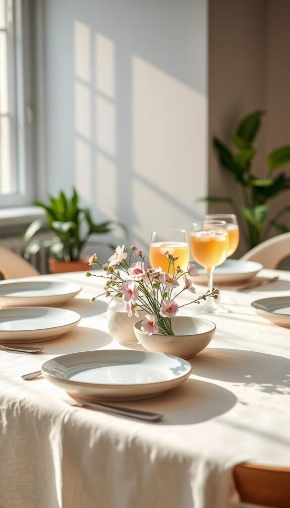A beautifully set modern Easter table, featuring an elegant white linen tablecloth draped over a minimalist wooden table. In the foreground, pastel-colored ceramic plates are neatly arranged, accented with delicate spring flower arrangements in soft pink and lavender hues. The middle layer showcases stylish glassware filled with refreshing beverages, reflecting sunlight pouring in from a nearby window. In the background, subtle green plants add a touch of freshness, enhancing the atmosphere of a cozy yet upscale dining experience. The scene is bathed in warm, natural light, creating an inviting mood. The overall composition is curated and intentional, perfect for a modern home aesthetic. Capture this elegant setting as a lifestyle photo, inspired by CozyTrendHub, focusing on simplicity and sophistication in Easter decor. A beautifully set modern Easter table, featuring an elegant white linen tablecloth draped over a minimalist wooden table. In the foreground, pastel-colored ceramic plates are neatly arranged, accented with delicate spring flower arrangements in soft pink and lavender hues. The middle layer showcases stylish glassware filled with refreshing beverages, reflecting sunlight pouring in from a nearby window. In the background, subtle green plants add a touch of freshness, enhancing the atmosphere of a cozy yet upscale dining experience. The scene is bathed in warm, natural light, creating an inviting mood. The overall composition is curated and intentional, perfect for a modern home aesthetic. Capture this elegant setting as a lifestyle photo, inspired by CozyTrendHub, focusing on simplicity and sophistication in Easter decor.