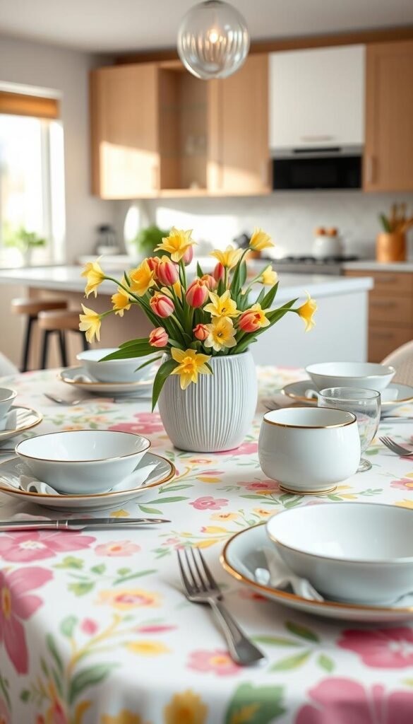 A beautifully set modern dining table for spring, adorned with layered patterns and bright colors. In the foreground, a vibrant tablecloth featuring floral and geometric designs in pastel shades of pink, yellow, and green. Delicate porcelain dishes mix modern and traditional aesthetics, with a focus on harmony. In the middle, a centerpiece of fresh spring flowers, such as tulips and daffodils, arranged in a stylish vase with textured detailing. Soft, natural lighting creates an inviting atmosphere, highlighting the colors and textures, while the background features a softly blurred contemporary kitchen, enhancing the spring decor theme. This Pinterest-worthy image embodies the essence of modern home decor for Easter celebrations. CozyTrendHub. A beautifully set modern dining table for spring, adorned with layered patterns and bright colors. In the foreground, a vibrant tablecloth featuring floral and geometric designs in pastel shades of pink, yellow, and green. Delicate porcelain dishes mix modern and traditional aesthetics, with a focus on harmony. In the middle, a centerpiece of fresh spring flowers, such as tulips and daffodils, arranged in a stylish vase with textured detailing. Soft, natural lighting creates an inviting atmosphere, highlighting the colors and textures, while the background features a softly blurred contemporary kitchen, enhancing the spring decor theme. This Pinterest-worthy image embodies the essence of modern home decor for Easter celebrations. CozyTrendHub.