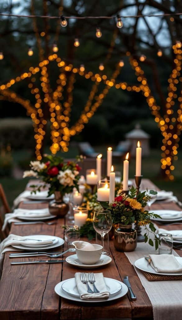 A beautifully set outdoor table at dusk, showcasing an elegant yet unfussy tablescape. The foreground features a rustic wooden table adorned with soft, neutral table linens, organic elements like lush greenery and seasonal flowers in elegant vases. In the middle, simple yet stylish dishware and glassware catch the ambient light, complemented by flickering candle arrangements creating a warm, inviting glow. The background includes a softly blurred outdoor setting with twinkling fairy lights draped from trees, enhancing the enchanting evening atmosphere. Capture the scene with a warm, golden-hour lighting effect, utilizing a slightly elevated angle to emphasize the tablescape&rsquo;s details. Emphasize the cozy, relaxed vibe that embodies the concept of outdoor dining elegance. This image is inspired by the brand "CozyTrendHub."