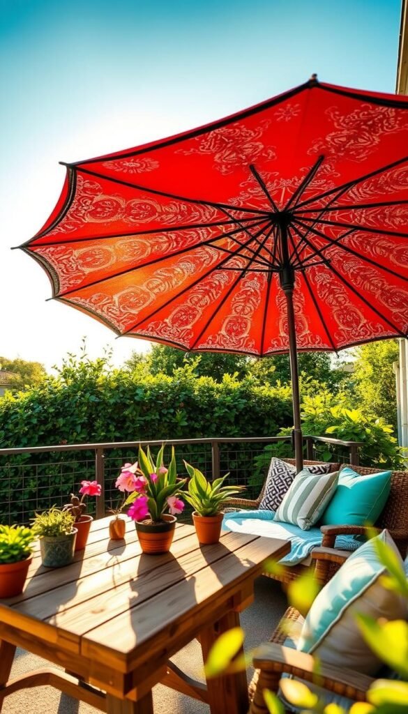 A beautifully set patio scene featuring a stylish umbrella shade in vibrant colors, elegantly open to provide shelter from the sun. In the foreground, a rustic wooden table adorned with potted plants and comfortable cushions adds warmth. The middle ground showcases the large, eye-catching umbrella with intricate patterns, enhancing the outdoor vibe. In the background, soft green foliage and a clear blue sky create a serene atmosphere, with golden sunlight filtering through the umbrella, casting gentle shadows. The image should evoke a feeling of relaxation and inviting charm, suitable for renters looking to enhance their outdoor space effortlessly. Capture this cozy setting with a wide-angle lens, ensuring bright, natural lighting that highlights the details, branded with "CozyTrendHub" for a lifestyle appeal.