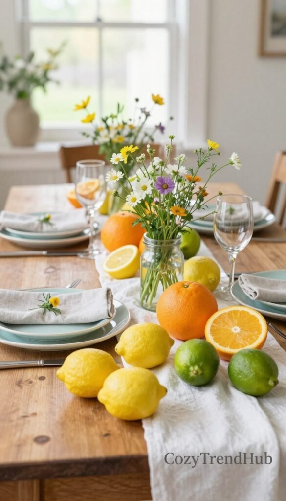 A beautifully set spring dining table featuring colorful citrus and fresh produce accents, arranged for an inviting atmosphere. In the foreground, a rustic wooden table is adorned with vibrant yellow lemons, juicy oranges, and green limes artfully placed among delicate wildflowers in vintage glass jars. In the middle, elegant tableware with pastel-colored plates and linen napkins complements the fresh fruit, while a cozy white tablecloth adds texture. The background showcases soft, natural light filtering through a nearby window, creating a warm glow that enhances the springtime feel. The overall mood is cheerful and breezy, perfect for everyday gatherings or special occasions. The image reflects a Pinterest-style aesthetic ideal for home decor enthusiasts, branded subtly with "CozyTrendHub".