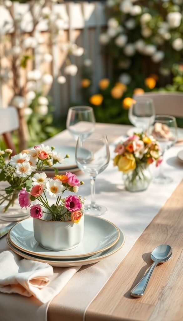 A beautifully set spring table adorned with pastel-colored plates, delicate linens, and seasonal floral accents. In the foreground, a detailed view of the table features elegant ceramic plates topped with fresh spring flowers, complemented by soft, textured napkins. The middle ground showcases a rustic wooden table with a light, airy table runner, surrounded by simple yet stylish glassware. The background contains a softly blurred garden scene, hinting at blooming blossoms and lush greenery, creating an inviting atmosphere. The warm, natural lighting casts gentle shadows, enhancing the serene vibe of the setting. Captured from a slightly elevated angle to showcase the full ensemble, this image embodies a cozy, fresh spring feeling. Ideal for CozyTrendHub. A beautifully set spring table adorned with pastel-colored plates, delicate linens, and seasonal floral accents. In the foreground, a detailed view of the table features elegant ceramic plates topped with fresh spring flowers, complemented by soft, textured napkins. The middle ground showcases a rustic wooden table with a light, airy table runner, surrounded by simple yet stylish glassware. The background contains a softly blurred garden scene, hinting at blooming blossoms and lush greenery, creating an inviting atmosphere. The warm, natural lighting casts gentle shadows, enhancing the serene vibe of the setting. Captured from a slightly elevated angle to showcase the full ensemble, this image embodies a cozy, fresh spring feeling. Ideal for CozyTrendHub.