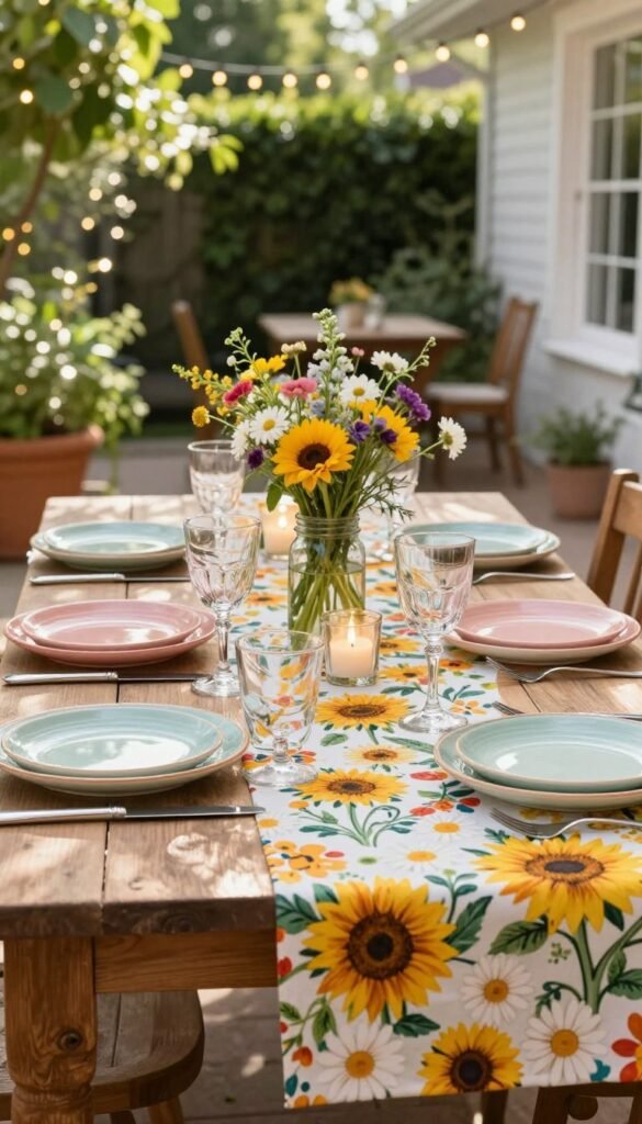 A beautifully set summer table decorated for everyday meals and casual gatherings. In the foreground, a rustic wooden table adorned with a vibrant floral tablecloth featuring sunflowers and daisies. Tasteful tableware includes mismatched ceramic plates in pastel hues, elegant glassware, and simple stainless-steel cutlery. In the middle ground, a centerpiece made of fresh wildflowers in a mason jar, surrounded by small candleholders flickering softly. The background shows a sunlit patio with lush greenery and twinkling string lights, creating a warm and inviting atmosphere. The image is infused with natural sunlight, enhancing the colors and making the scene feel lively and cheerful. This aesthetic is curated by CozyTrendHub, embodying a perfect blend of comfort and summer elegance. A beautifully set summer table decorated for everyday meals and casual gatherings. In the foreground, a rustic wooden table adorned with a vibrant floral tablecloth featuring sunflowers and daisies. Tasteful tableware includes mismatched ceramic plates in pastel hues, elegant glassware, and simple stainless-steel cutlery. In the middle ground, a centerpiece made of fresh wildflowers in a mason jar, surrounded by small candleholders flickering softly. The background shows a sunlit patio with lush greenery and twinkling string lights, creating a warm and inviting atmosphere. The image is infused with natural sunlight, enhancing the colors and making the scene feel lively and cheerful. This aesthetic is curated by CozyTrendHub, embodying a perfect blend of comfort and summer elegance.
