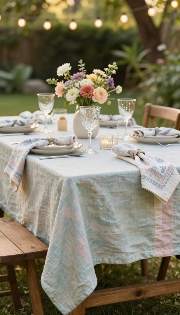 A beautifully set summer table featuring a variety of linens and textiles that enhance the elegant tablescape. In the foreground, there's a richly textured linen tablecloth in soft pastel hues, draped gracefully over a rustic wooden table. Delicate napkins adorn each place setting, with intricate patterns subtly highlighted. In the middle ground, ceramic plates and glassware gleam under soft, natural light, reflecting the warmth of the summer sun. An array of fresh flowers in a minimalist vase add a touch of color, complementing the linens. In the background, a serene outdoor setting is visible, surrounded by lush greenery and soft outdoor fairy lights. The mood is inviting and tranquil, perfect for leisurely dining. The image embodies the aesthetic of CozyTrendHub, showcasing stylish yet comfortable summer decor.