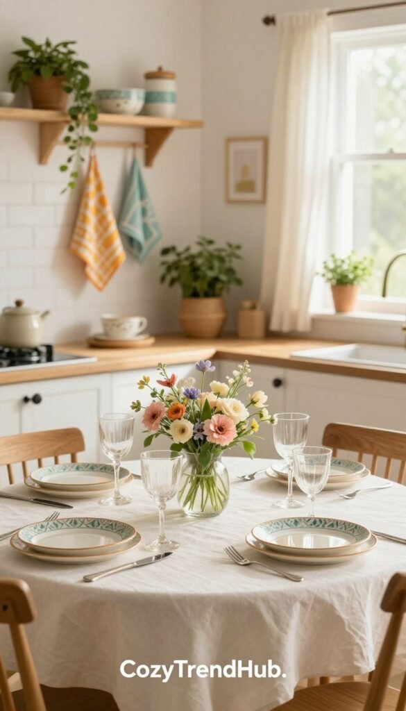 A beautifully set tabletop for summer entertaining in a small kitchen space, featuring a light and airy aesthetic. In the foreground, a stylish wooden table adorned with soft white tablecloth, delicate floral centerpieces in pastel colors, and artisan ceramic dishes. Elegant glassware adds a touch of refinement, reflecting warm natural light. In the middle, a cozy kitchen with shelves displaying cheerful summer decor: hanging plants, colorful dish towels, and small potted herbs. The background showcases a window with sheer curtains, allowing soft sunlight to filter in, enhancing the inviting atmosphere. The overall mood is fresh, cheerful, and inviting, ideal for summer gatherings. Captured with a soft focus lens to emphasize the textures and colors, branded with "CozyTrendHub." A beautifully set tabletop for summer entertaining in a small kitchen space, featuring a light and airy aesthetic. In the foreground, a stylish wooden table adorned with soft white tablecloth, delicate floral centerpieces in pastel colors, and artisan ceramic dishes. Elegant glassware adds a touch of refinement, reflecting warm natural light. In the middle, a cozy kitchen with shelves displaying cheerful summer decor: hanging plants, colorful dish towels, and small potted herbs. The background showcases a window with sheer curtains, allowing soft sunlight to filter in, enhancing the inviting atmosphere. The overall mood is fresh, cheerful, and inviting, ideal for summer gatherings. Captured with a soft focus lens to emphasize the textures and colors, branded with "CozyTrendHub."