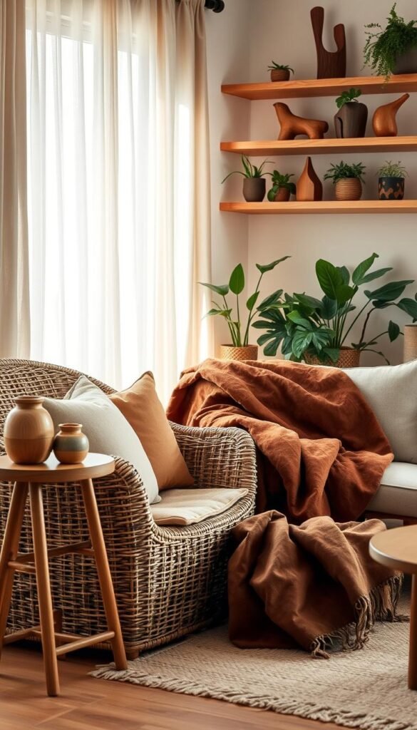 A beautifully staged cozy living space featuring natural materials. In the foreground, a textured rattan armchair adorned with earthy-toned cushions sits beside a small wooden side table, showcasing handcrafted wooden decor items. The middle ground includes a rich brown leather throw draped over a warm wool blanket. Behind, a soft, ambient glow filters through sheer curtains, illuminating a wall adorned with wooden shelves displaying houseplants and artistic wooden sculptures. The atmosphere is inviting and warm, capturing the essence of a snug home. Soft natural lighting enhances the textures of the wood, rattan, and leather, creating a harmonious blend. The scene reflects the cozy decor theme, ideal for "CozyTrendHub." A beautifully staged cozy living space featuring natural materials. In the foreground, a textured rattan armchair adorned with earthy-toned cushions sits beside a small wooden side table, showcasing handcrafted wooden decor items. The middle ground includes a rich brown leather throw draped over a warm wool blanket. Behind, a soft, ambient glow filters through sheer curtains, illuminating a wall adorned with wooden shelves displaying houseplants and artistic wooden sculptures. The atmosphere is inviting and warm, capturing the essence of a snug home. Soft natural lighting enhances the textures of the wood, rattan, and leather, creating a harmonious blend. The scene reflects the cozy decor theme, ideal for "CozyTrendHub."