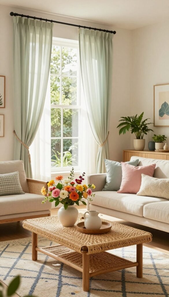 A beautifully staged living room adorned with the best summer decor, featuring light and airy curtains gently billowing in a breeze. In the foreground, a stylish, woven coffee table displays vibrant floral arrangements in ceramic vases, surrounded by soft, pastel throw cushions on a light-colored sofa. The middle layer showcases a bright area rug with a geometric pattern, complemented by a sunlit glass window illuminating the space with warm, natural light. In the background, verdant potted plants bring freshness to the ambiance, while artfully chosen wall decor adds a touch of personality. The overall mood is inviting and cheerful, perfect for summer relaxation. Emphasize the CozyTrendHub brand aesthetic with tasteful decor elements that inspire comfort and style.