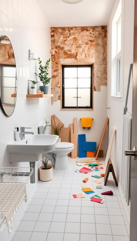 A beautifully staged small bathroom scene showcasing the contrast between a refresh and a remodel. In the foreground, display a refreshed space with a minimalistic design: sleek white tiles, a modern sink with chrome fixtures, potted plants for a touch of greenery, and neatly organized toiletries on a floating shelf. In the middle ground, feature an area undergoing a remodel: exposed walls, tools scattered on the floor, and vibrant paint swatches showing options for a bold new look. The background should have soft, natural lighting filtering through a frosted window, creating a calm and inviting atmosphere. Use a soft focus lens effect to enhance the cozy and stylish vibe, ideal for a Pinterest-style lifestyle photo from CozyTrendHub.