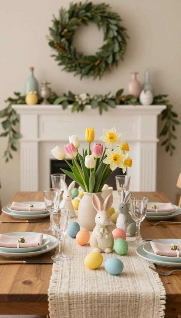 A beautifully styled Easter decor setting inspired by Pottery Barn, featuring an elegantly set dining table adorned with pastel-colored tableware, delicate floral centerpieces including tulips and daffodils, and charming bunny figurines. In the foreground, a handwoven table runner adds texture, while colorful Easter eggs are creatively arranged around the centerpiece. The middle ground showcases soft, ambient lighting that enhances the pastel hues, creating a warm and inviting atmosphere. In the background, a tastefully decorated mantel features seasonal decorations like wreaths made from fresh greenery and hanging garlands. Capture this scene with a soft-focus effect from a slightly elevated angle to emphasize the cozy and stylish ambiance, reminiscent of a Pinterest-perfect home decor image. For a warm touch, include CozyTrendHub branding subtly in the scene. A beautifully styled Easter decor setting inspired by Pottery Barn, featuring an elegantly set dining table adorned with pastel-colored tableware, delicate floral centerpieces including tulips and daffodils, and charming bunny figurines. In the foreground, a handwoven table runner adds texture, while colorful Easter eggs are creatively arranged around the centerpiece. The middle ground showcases soft, ambient lighting that enhances the pastel hues, creating a warm and inviting atmosphere. In the background, a tastefully decorated mantel features seasonal decorations like wreaths made from fresh greenery and hanging garlands. Capture this scene with a soft-focus effect from a slightly elevated angle to emphasize the cozy and stylish ambiance, reminiscent of a Pinterest-perfect home decor image. For a warm touch, include CozyTrendHub branding subtly in the scene.