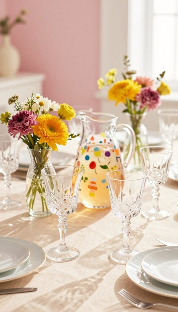 A beautifully styled Easter table centerpiece featuring an array of elegant glassware in various shapes and sizes, set against a softly blurred pastel-colored background. The foreground showcases intricately designed cut glass goblets filled with vibrant floral arrangements, alongside delicate crystal wine glasses reflecting light. In the middle, a clear glass pitcher adorned with playful patterns holds a refreshing beverage, while a subtle sheen of sunlight illuminates the table setting, creating a warm and inviting atmosphere. The overall mood is cheerful and sophisticated, embodying a festive spirit suitable for home gatherings. Capture the scene from a slightly elevated angle, emphasizing the textures of the glass and the colorful decorations. This image embodies the essence of "CozyTrendHub" style and inspires seasonal home decor. A beautifully styled Easter table centerpiece featuring an array of elegant glassware in various shapes and sizes, set against a softly blurred pastel-colored background. The foreground showcases intricately designed cut glass goblets filled with vibrant floral arrangements, alongside delicate crystal wine glasses reflecting light. In the middle, a clear glass pitcher adorned with playful patterns holds a refreshing beverage, while a subtle sheen of sunlight illuminates the table setting, creating a warm and inviting atmosphere. The overall mood is cheerful and sophisticated, embodying a festive spirit suitable for home gatherings. Capture the scene from a slightly elevated angle, emphasizing the textures of the glass and the colorful decorations. This image embodies the essence of "CozyTrendHub" style and inspires seasonal home decor.