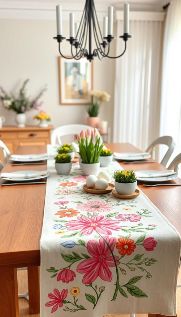 A beautifully styled Easter table setting featuring a table runner that anchors the whole design. In the foreground, a vibrant, hand-painted table runner adorned with colorful floral patterns flows gracefully down a polished wooden table. In the middle, delicate Easter-themed decorations such as pastel-colored eggs, small potted spring flowers, and elegant place settings add charm. The background reveals a softly decorated dining room with subtle, natural lighting filtering through sheer curtains, creating a warm and inviting atmosphere. A hint of greenery and soft pastel shades complements the overall theme, making it perfect for modern homes. This Pinterest-style lifestyle photo showcases the essence of Easter decor, attributed to "CozyTrendHub." A beautifully styled Easter table setting featuring a table runner that anchors the whole design. In the foreground, a vibrant, hand-painted table runner adorned with colorful floral patterns flows gracefully down a polished wooden table. In the middle, delicate Easter-themed decorations such as pastel-colored eggs, small potted spring flowers, and elegant place settings add charm. The background reveals a softly decorated dining room with subtle, natural lighting filtering through sheer curtains, creating a warm and inviting atmosphere. A hint of greenery and soft pastel shades complements the overall theme, making it perfect for modern homes. This Pinterest-style lifestyle photo showcases the essence of Easter decor, attributed to "CozyTrendHub."