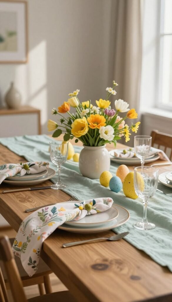 A beautifully styled Easter table setting showcasing a mix-and-match of vibrant, modern textiles that radiate springtime charm. In the foreground, an elegant wooden table adorned with pastel-colored table runners, floral-patterned napkins, and delicate ceramic dishes. The middle ground features a centerpiece of fresh blooms and small decorative eggs, artistically arranged to enhance the festive atmosphere. The background reveals soft, muted light streaming through a window, casting gentle shadows and illuminating the scene. The overall mood is fresh, inviting, and stylish, perfect for a cozy celebration. The image captures the essence of modern spring decor, suitable for a Pinterest-worthy lifestyle photo from CozyTrendHub.