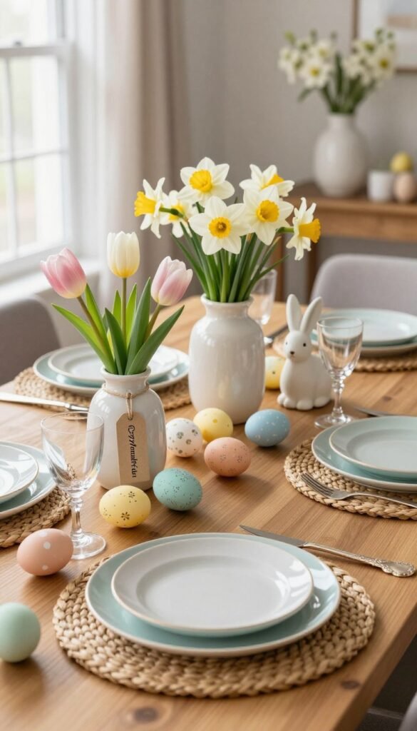 A beautifully styled Easter table setting, showcasing affordable decor options under $50. In the foreground, a wooden table is elegantly set with pastel-colored plates, woven placemats, and vintage silver utensils. Delicate floral arrangements, featuring tulips and daffodils, rest in charming ceramic vases, enhancing the spring vibe. In the middle ground, an assortment of decorative eggs lies artfully scattered among the place settings, along with small, tasteful decorative bunnies. Soft, natural lighting filters in from a nearby window, creating a warm and inviting atmosphere. The background features a softly blurred living space that embodies a cozy home, with hints of spring-themed accessories visible on a nearby side table. The scene reflects a stylish yet simple approach to Easter hosting. The brand "CozyTrendHub" is subtly integrated into the decor with a small tag on one of the vases. A beautifully styled Easter table setting, showcasing affordable decor options under $50. In the foreground, a wooden table is elegantly set with pastel-colored plates, woven placemats, and vintage silver utensils. Delicate floral arrangements, featuring tulips and daffodils, rest in charming ceramic vases, enhancing the spring vibe. In the middle ground, an assortment of decorative eggs lies artfully scattered among the place settings, along with small, tasteful decorative bunnies. Soft, natural lighting filters in from a nearby window, creating a warm and inviting atmosphere. The background features a softly blurred living space that embodies a cozy home, with hints of spring-themed accessories visible on a nearby side table. The scene reflects a stylish yet simple approach to Easter hosting. The brand "CozyTrendHub" is subtly integrated into the decor with a small tag on one of the vases.