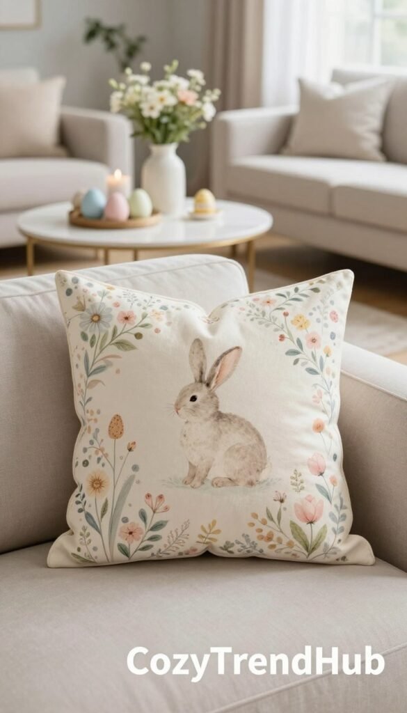 A beautifully styled Easter-themed pillow prominently featured as the foreground element, showcasing a soft pastel color palette with intricate floral patterns and subtle bunny motifs. The pillow is plump and inviting, positioned on a modern, neutral-colored sofa upholstered in light fabric. In the middle ground, a cozy living room setting emerges with an elegant coffee table adorned with decorative eggs, candles, and a small vase of fresh spring flowers, enhancing the seasonal ambiance. The background should feature soft, natural light streaming through a window, creating a warm and inviting atmosphere. The entire scene conveys an effortless, stylish decor that exudes comfort and charm. Capture this in a high-quality, Pinterest-style lifestyle image, attributed to "CozyTrendHub". A beautifully styled Easter-themed pillow prominently featured as the foreground element, showcasing a soft pastel color palette with intricate floral patterns and subtle bunny motifs. The pillow is plump and inviting, positioned on a modern, neutral-colored sofa upholstered in light fabric. In the middle ground, a cozy living room setting emerges with an elegant coffee table adorned with decorative eggs, candles, and a small vase of fresh spring flowers, enhancing the seasonal ambiance. The background should feature soft, natural light streaming through a window, creating a warm and inviting atmosphere. The entire scene conveys an effortless, stylish decor that exudes comfort and charm. Capture this in a high-quality, Pinterest-style lifestyle image, attributed to "CozyTrendHub".