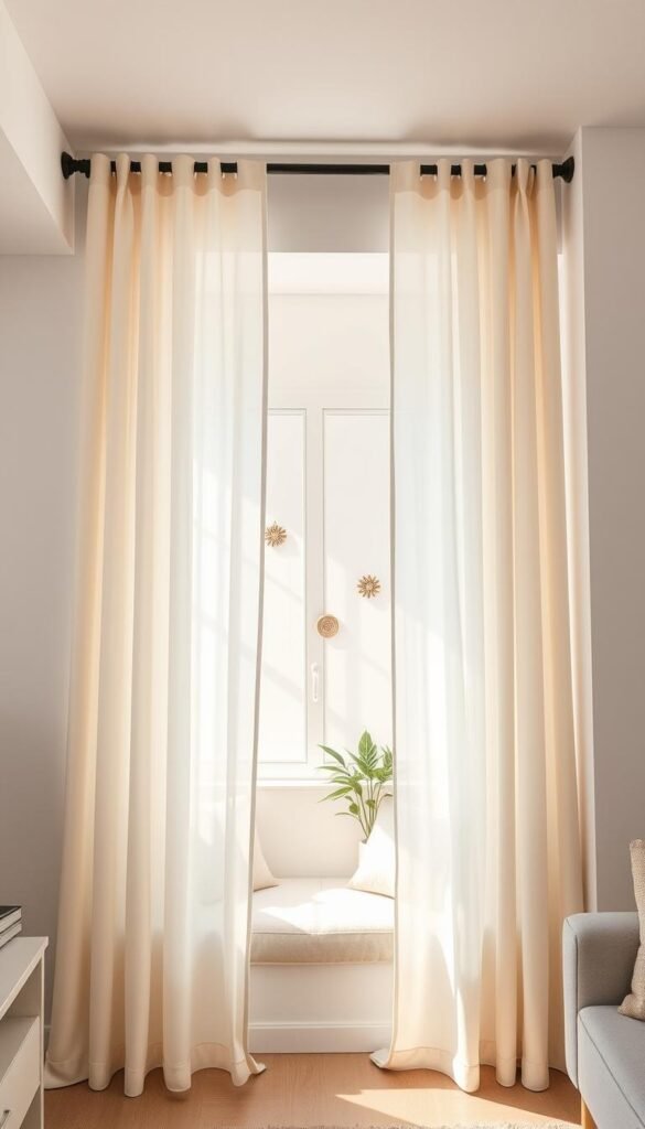 A beautifully styled apartment interior showcasing elegant ceiling-to-floor curtains that create an illusion of height in a small space. In the foreground, a pair of lightweight, sheer curtains in a soft, pastel color gently billow from a high rod, emphasizing vertical lines. The middle section features a cozy window nook with plush cushions and a small potted plant, enhancing a welcoming atmosphere. In the background, subtle wall decor complements the curtains, accentuating the room's height. Natural light floods in, casting soft shadows and creating a warm, inviting ambiance. This Pinterest-style image, perfect for home decor enthusiasts, reflects the aesthetic branding of CozyTrendHub, showcasing a harmonious blend of style and functionality in apartment design. A beautifully styled apartment interior showcasing elegant ceiling-to-floor curtains that create an illusion of height in a small space. In the foreground, a pair of lightweight, sheer curtains in a soft, pastel color gently billow from a high rod, emphasizing vertical lines. The middle section features a cozy window nook with plush cushions and a small potted plant, enhancing a welcoming atmosphere. In the background, subtle wall decor complements the curtains, accentuating the room's height. Natural light floods in, casting soft shadows and creating a warm, inviting ambiance. This Pinterest-style image, perfect for home decor enthusiasts, reflects the aesthetic branding of CozyTrendHub, showcasing a harmonious blend of style and functionality in apartment design.
