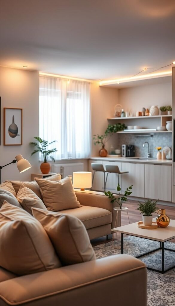 A beautifully styled apartment interior showcasing soft ambient lighting that creates a warm and inviting atmosphere. In the foreground, a cozy living room features a plush, neutral-toned sofa adorned with pastel pillows, a minimalist coffee table with artful decorations, and a stylish area rug. The middle ground captures a soft glow from strategically placed lamps and string lights, highlighting decorative wall art and plants. In the background, a well-organized kitchen with open shelves displays carefully curated kitchenware, enhancing the aesthetic. A large window allows natural light to spill in, complementing the overall tranquility. The image should evoke a sense of comfort and style, perfect for a Pinterest-inspired lifestyle home decor scene from CozyTrendHub.