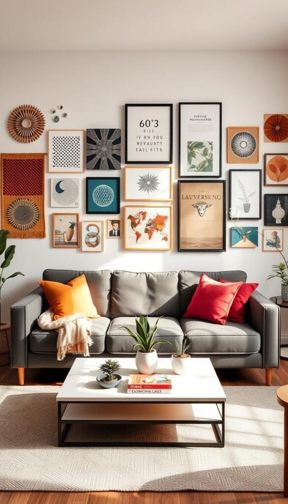 A beautifully styled apartment living room showcasing a variety of removable wall decor ideas. In the foreground, feature a stylish, cozy sofa adorned with colorful throw pillows and a soft blanket. On the walls, display an array of removable wall art, such as peel-and-stick patterns, fabric wall hangings, and framed prints, each distinct yet harmonizing in style. The middle ground should include a sleek coffee table topped with a few decorative items, like plants and books, contributing to a warm, inviting atmosphere. In the background, soft, natural light streams through a window, enhancing the overall ambiance. The room should embody a stylish, Pinterest-inspired aesthetic, promoting comfort and creativity in an apartment setting. This composition reflects trendy and practical decor solutions under the theme of &ldquo;CozyTrendHub.&rdquo;