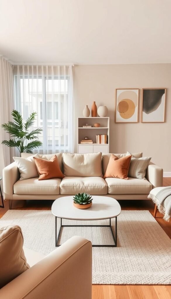A beautifully styled apartment living room showcasing the best neutral decor. In the foreground, a cozy beige sofa adorned with plush throw pillows in muted tones. A chic coffee table sits at the center, featuring a small succulent and a soft, textured table runner. In the middle, a spacious area rug adds warmth, while a minimalist bookshelf displays curated decor items, such as vases and books in soft earth tones. The background features a large window with sheer white curtains, allowing natural light to pour in, creating a bright and airy atmosphere. The walls are painted a soft taupe, with abstract art pieces in subtle colors hanging for visual interest. Capture this scene in soft, diffused lighting, with a slight depth of field to emphasize the decor details. This image, inspired by CozyTrendHub, conveys a modern, serene vibe ideal for apartments.