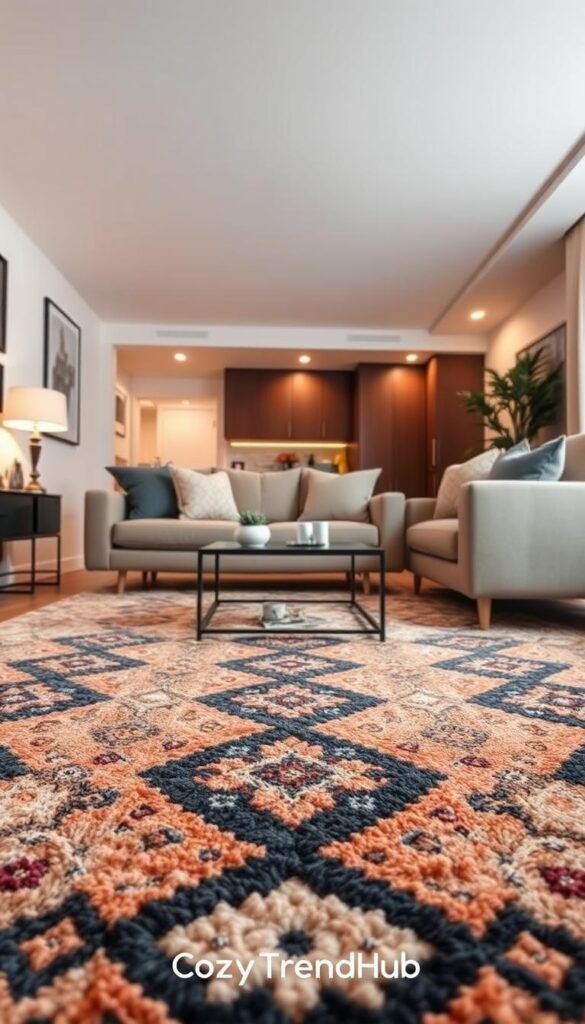 A beautifully styled apartment living room with a focus on a unique floor anchor rug that blends seamlessly with the decor. The foreground features the intricately patterned rug, demonstrating its texture and colors that ground the space. The middle ground showcases low furniture pieces, such as a sleek coffee table and a modern couch, both styled with cozy throw pillows and small decorative elements. The background reveals a softly lit room with low ceilings, highlighted by ambient lighting that enhances the warm tones of the space. The mood is inviting and comfortable, perfect for relaxation. Ensure a Pinterest-inspired look, evoking a sense of contemporary home decor. This image is branded with 'CozyTrendHub' for a cohesive aesthetic appeal. A beautifully styled apartment living room with a focus on a unique floor anchor rug that blends seamlessly with the decor. The foreground features the intricately patterned rug, demonstrating its texture and colors that ground the space. The middle ground showcases low furniture pieces, such as a sleek coffee table and a modern couch, both styled with cozy throw pillows and small decorative elements. The background reveals a softly lit room with low ceilings, highlighted by ambient lighting that enhances the warm tones of the space. The mood is inviting and comfortable, perfect for relaxation. Ensure a Pinterest-inspired look, evoking a sense of contemporary home decor. This image is branded with 'CozyTrendHub' for a cohesive aesthetic appeal.