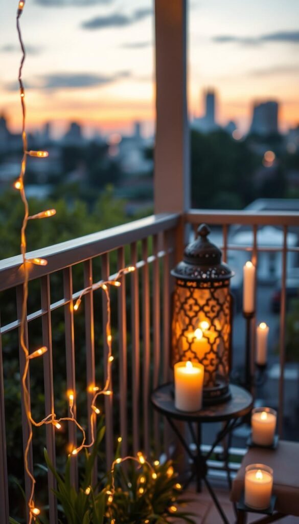 A beautifully styled balcony at twilight, showcasing a cozy atmosphere with a blend of cheap and premium lighting options. In the foreground, a warm string of fairy lights elegantly drapes along the railing, casting a soft glow. Adjacent, a stylish, high-end lantern with intricate designs emits a gentle, flickering light. In the middle ground, a small table is adorned with candles of varying heights, creating a serene focal point. The background features lush greenery, with a soft-focus city skyline at dusk. The overall ambiance is inviting and tranquil, perfect for relaxation. The image should echo the aesthetic of CozyTrendHub, captured with a warm color palette and a slight bokeh effect for depth. The photo must have soft lighting and a natural lens effect to enhance the cozy mood. A beautifully styled balcony at twilight, showcasing a cozy atmosphere with a blend of cheap and premium lighting options. In the foreground, a warm string of fairy lights elegantly drapes along the railing, casting a soft glow. Adjacent, a stylish, high-end lantern with intricate designs emits a gentle, flickering light. In the middle ground, a small table is adorned with candles of varying heights, creating a serene focal point. The background features lush greenery, with a soft-focus city skyline at dusk. The overall ambiance is inviting and tranquil, perfect for relaxation. The image should echo the aesthetic of CozyTrendHub, captured with a warm color palette and a slight bokeh effect for depth. The photo must have soft lighting and a natural lens effect to enhance the cozy mood.